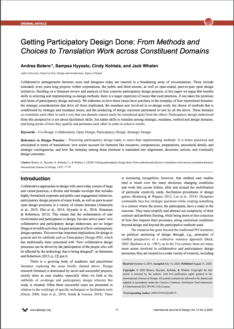 Getting Participatory Design Done: From Methods and Choices to Translation Work across Constituent Domains